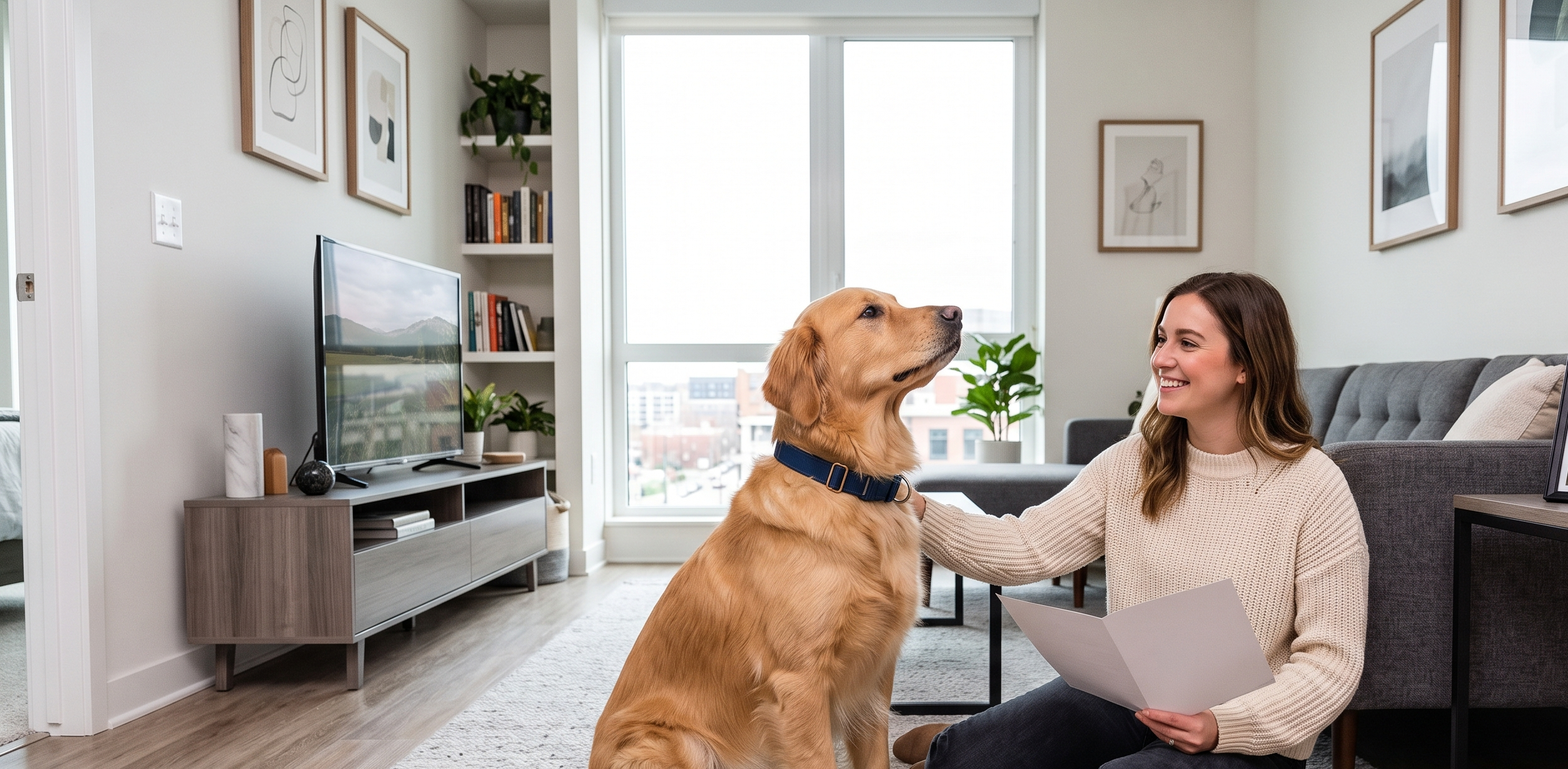 A well-behaved golden retriever sitting calmly next to a happy owner in a modern, pet-friendly apartment, suggesting reduced rent benefits from good training.