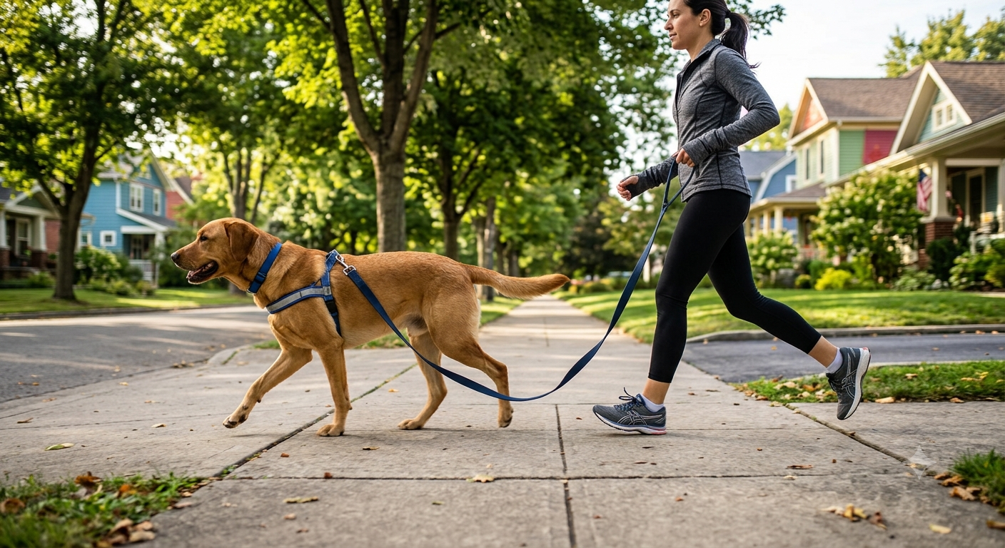 A happy dog walking calmly on a loose leash next to its owner, illustrating the success of the invisible anchor technique.