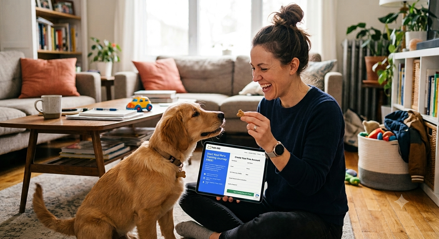 A busy parent with a smiling child and a happy, well-behaved dog training at home using an online platform, highlighting the convenience of online dog training for families.