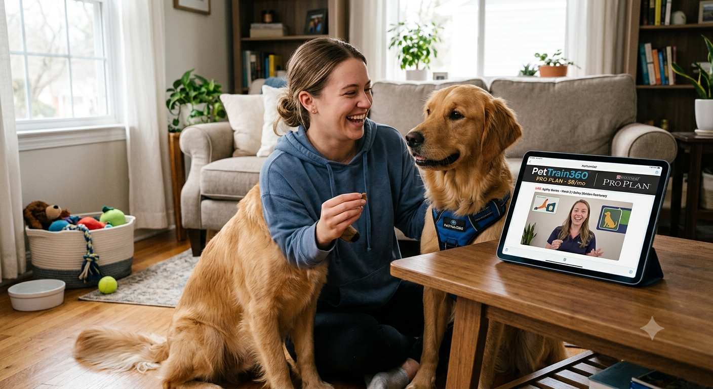 Happy dog and owner enjoying online pet training on a tablet, showcasing the value of PetTrain360's $8/mo Pro Plan