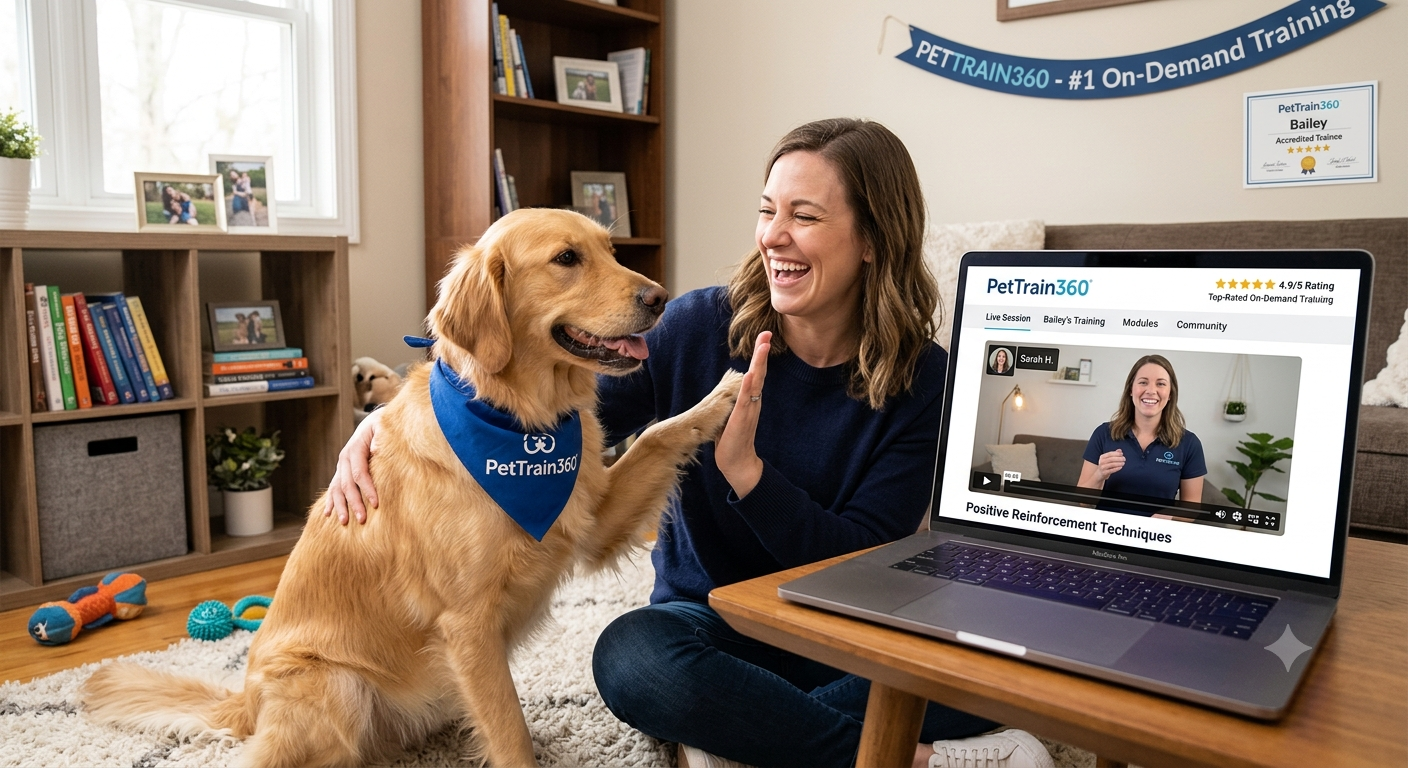 A happy dog and owner using a laptop for online training, representing PetTrain360's top-rated on-demand pet training platform.