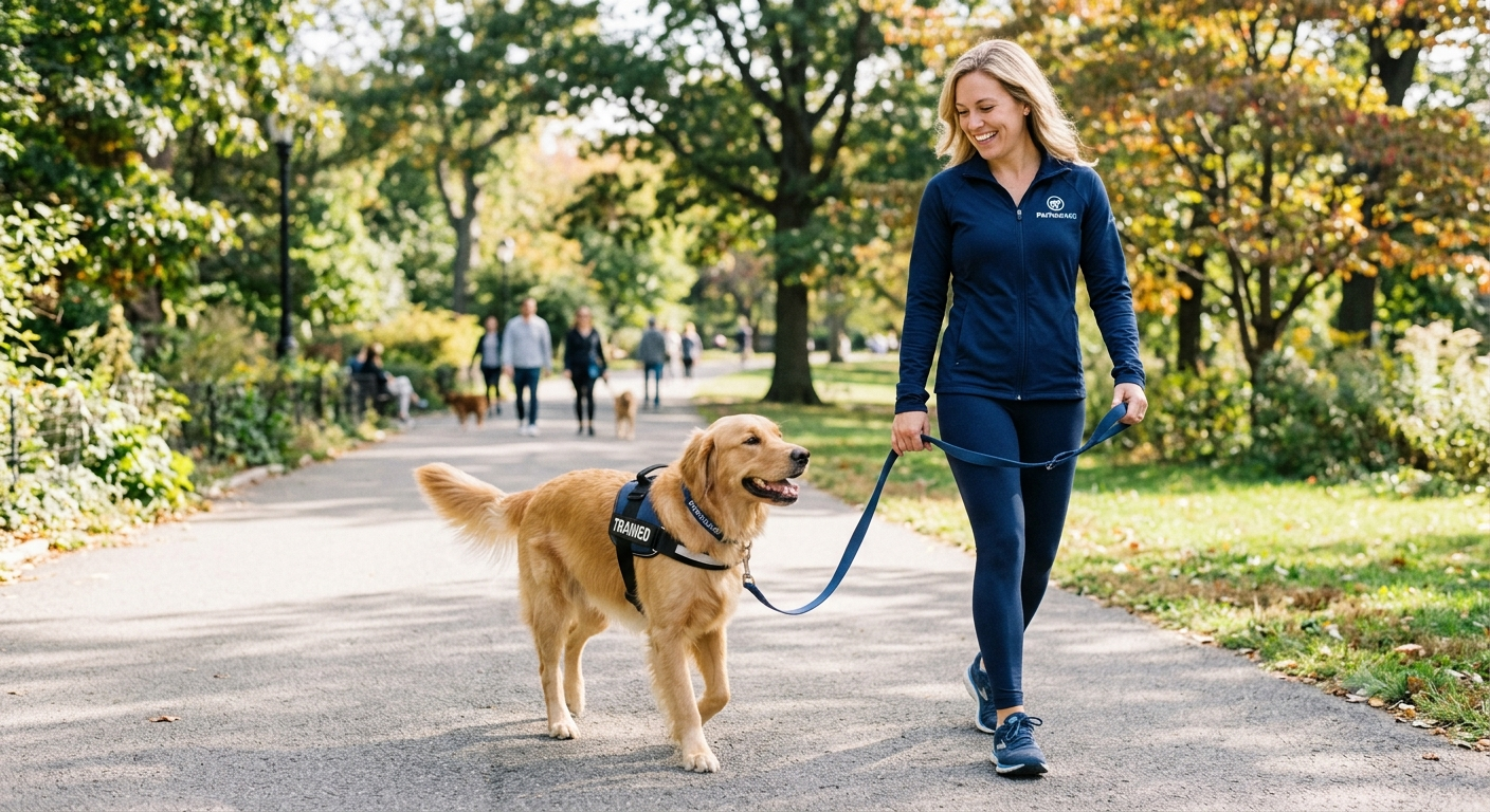 A happy dog walking calmly on a leash next to its owner, with a confident expression, demonstrating successful online dog training for leash reactivity with PetTrain360.