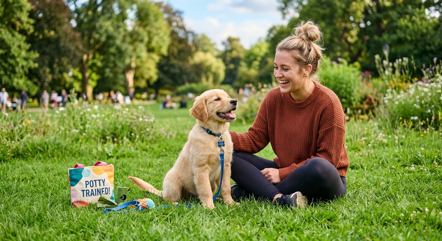Happy puppy sitting on fresh green grass next to a dog owner, after successfully potty training outdoors with the 3-day method