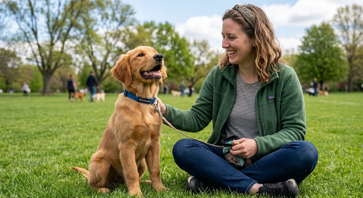 A happy golden retriever puppy sitting perfectly beside its owner outdoors, symbolizing successful dog training with PetTrain360.