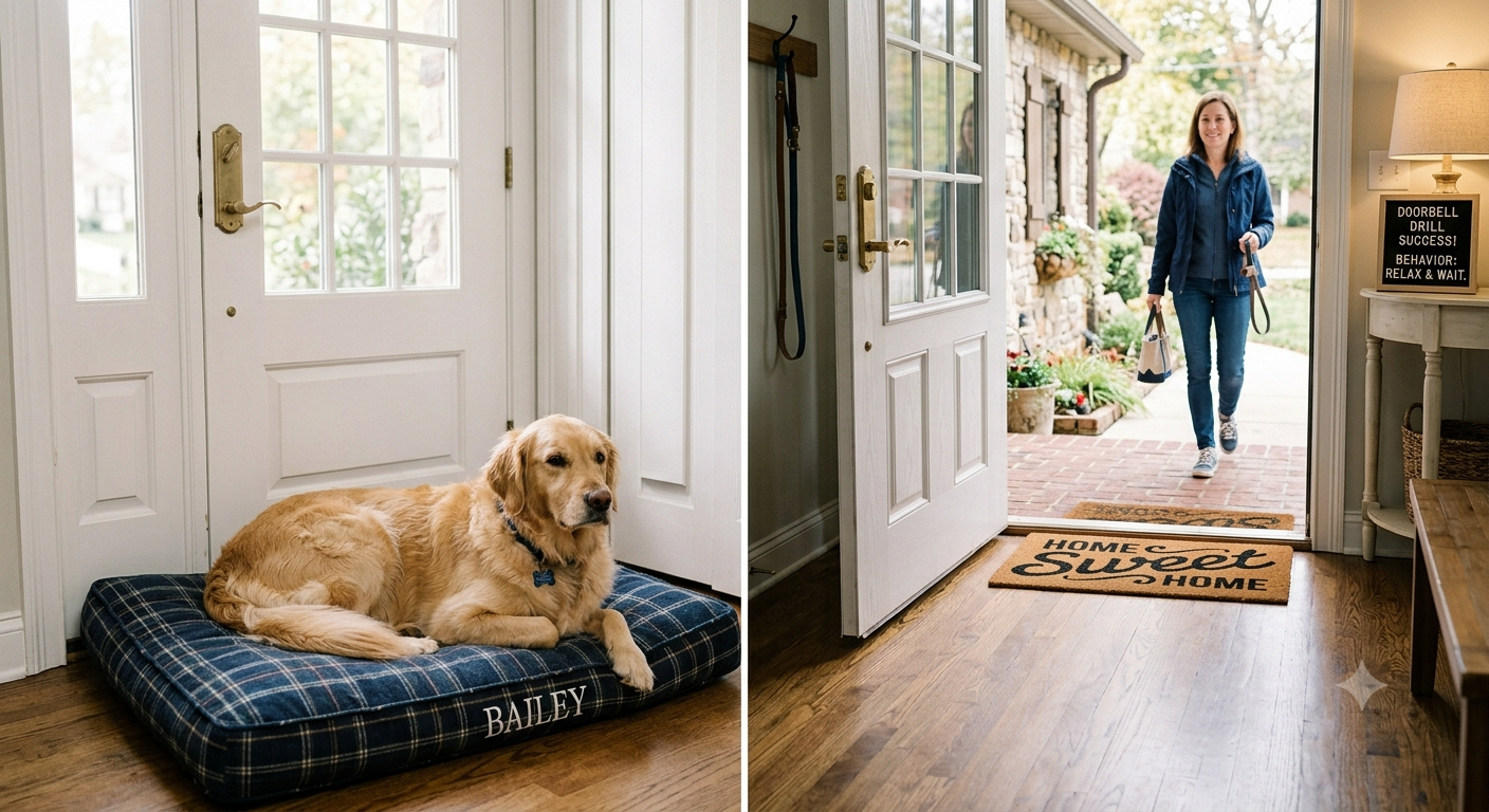 A relaxed golden retriever lying on a comfy dog bed near a front door, calmly observing as someone approaches, illustrating the success of the doorbell drill training.