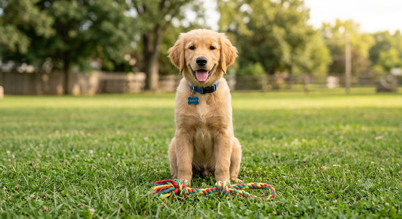 A happy golden retriever puppy sitting patiently with a colorful tug toy placed in front of its nose, demonstrating excellent impulse control during a training game.