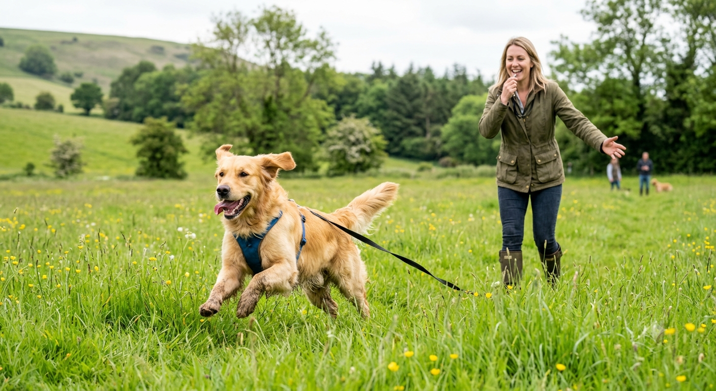 A dog enthusiastically running towards its owner in a lush green field, responding to an emergency recall whistle command with joyful focus.