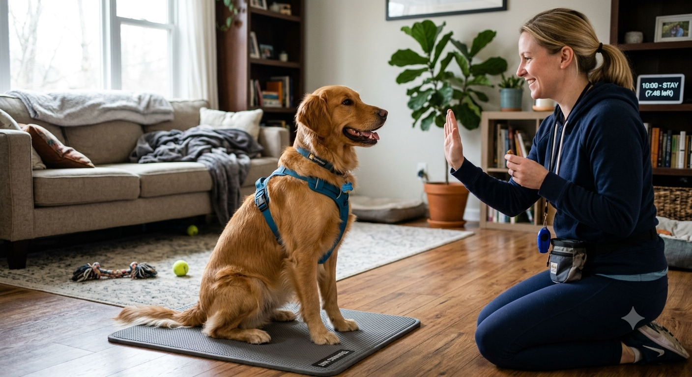 A happy, focused dog performing a 'stay' command indoors during a 10-minute positive reinforcement dog training session.
