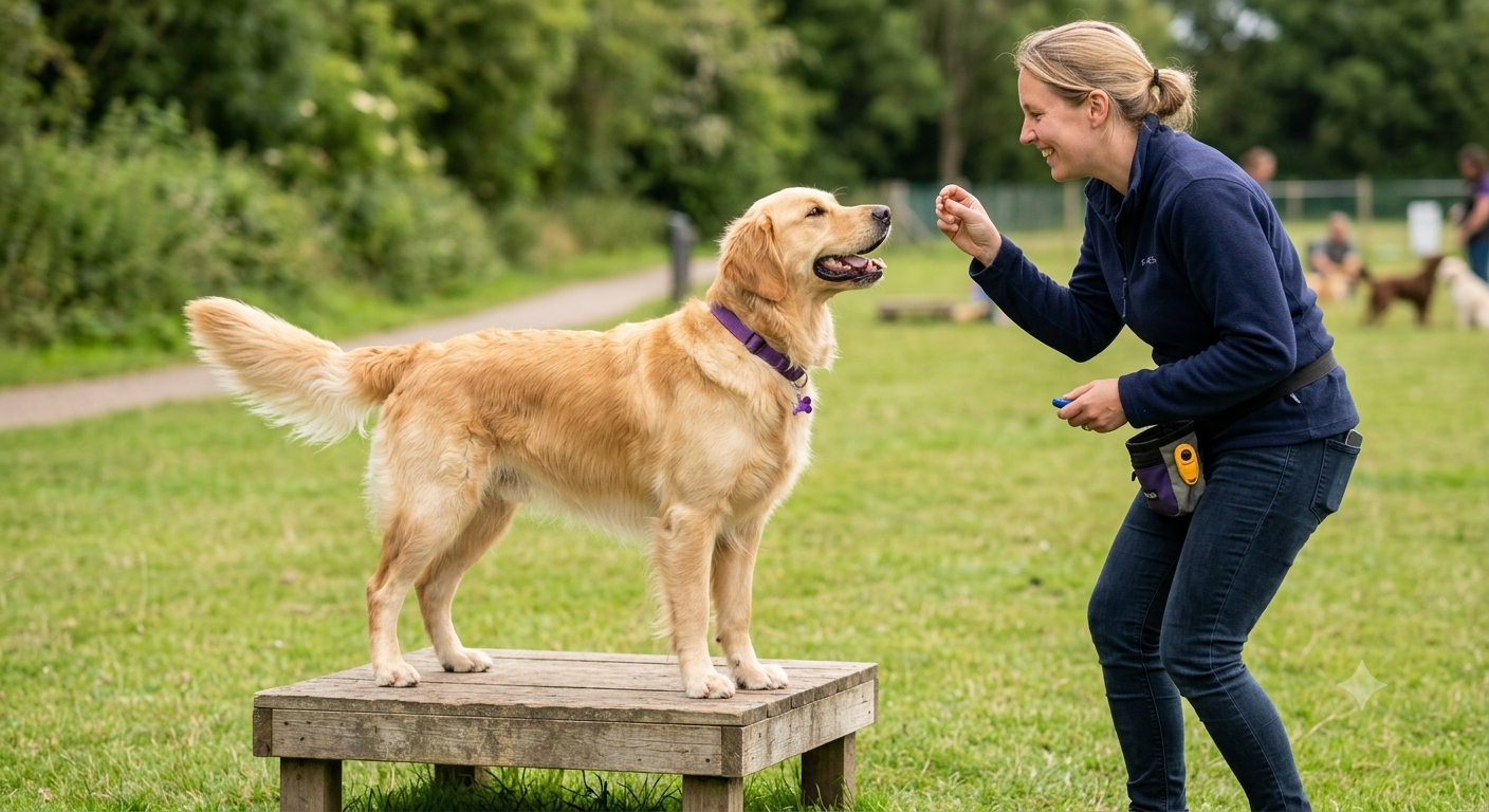 A happy golden retriever dog precisely standing on a low wooden platform, looking attentively at its owner during a platform training session using positive reinforcement.
