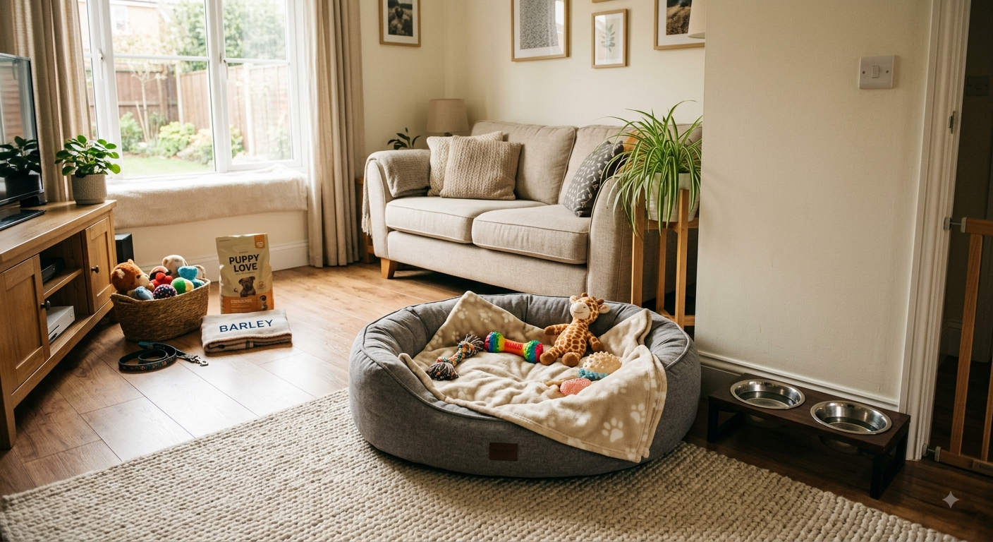 A cozy, puppy-proofed living room with a comfortable dog bed, chew toys, and food bowls, ready for a new puppy to arrive.