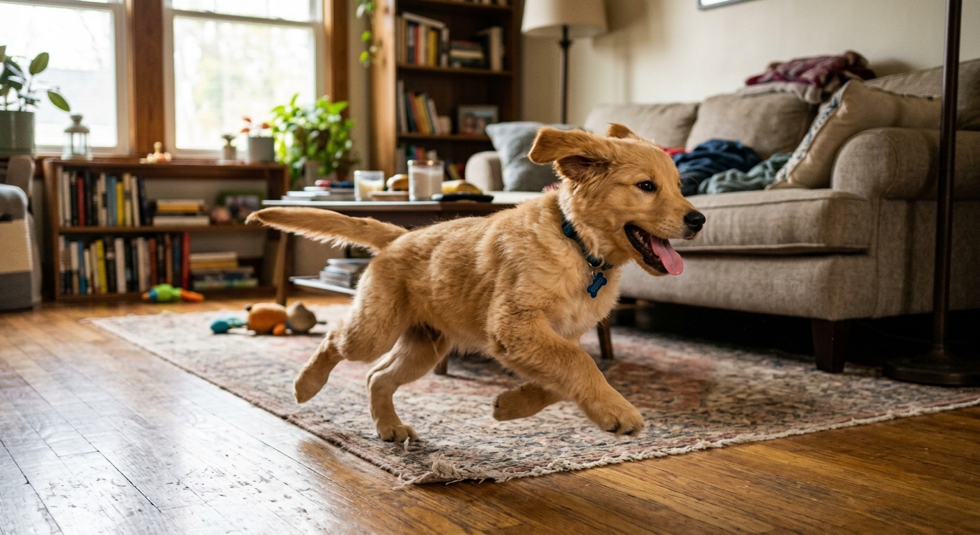 A cute golden retriever puppy mid-zoomie, happily running indoors, illustrating puppy energy cycles.