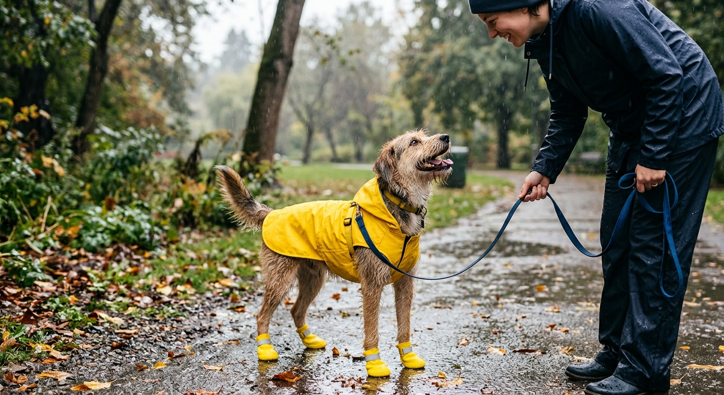 A happy dog wearing a yellow raincoat and booties, looking up at its owner during a rainy outdoor potty break.