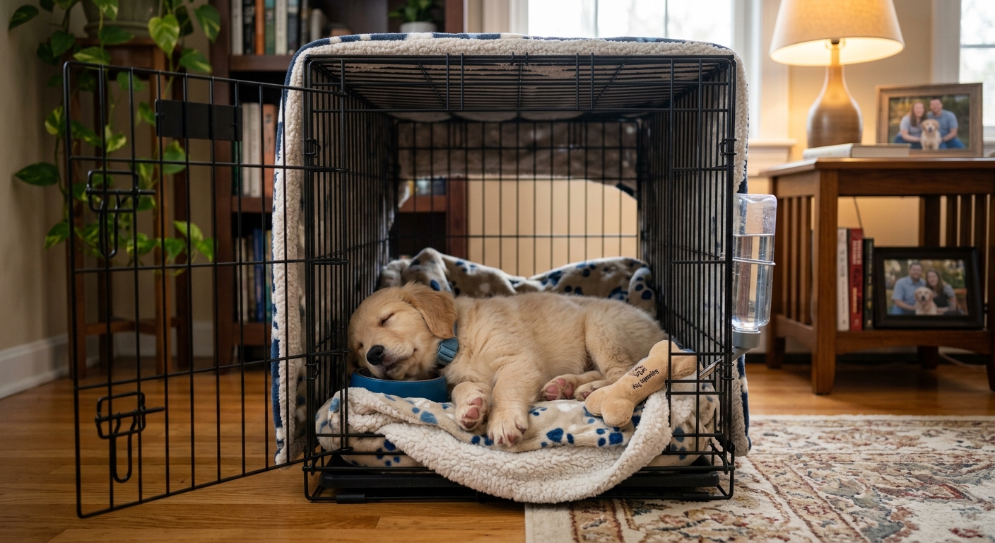 A happy puppy sleeping peacefully inside a cozy dog crate with a soft blanket, illustrating successful positive reinforcement crate training.