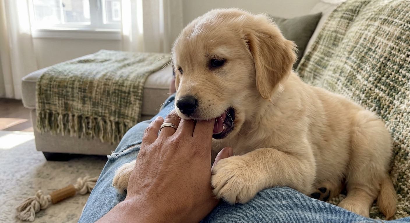 A cute Golden Retriever puppy gently mouthing a human hand, demonstrating soft mouth play, with a focus on understanding puppy biting behavior and frustration signs.