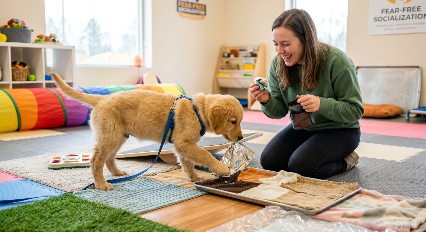 Happy puppy exploring new textures and sounds with an owner, demonstrating fear-free puppy socialization.