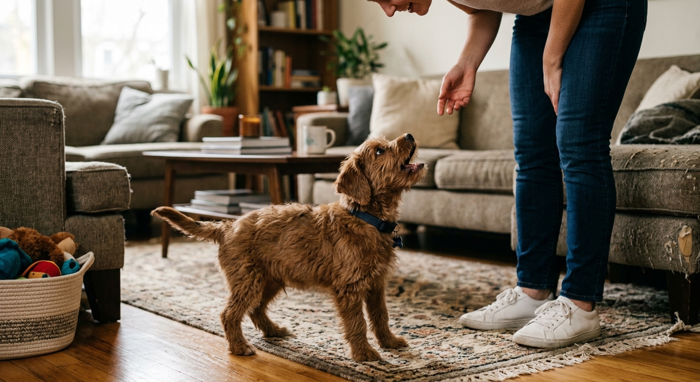 Curious brown puppy barking, looking up at its owner, seeking attention or help, in a home environment