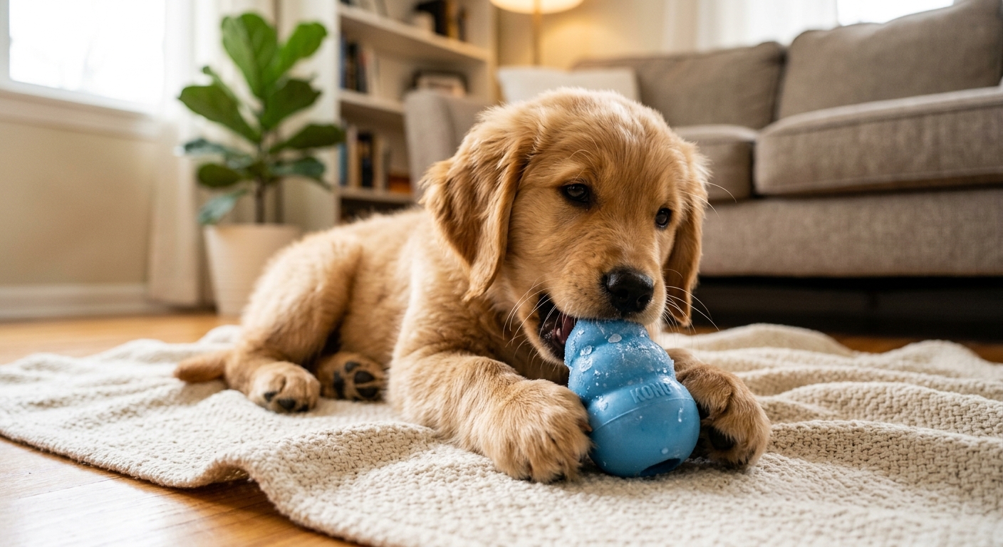 A cute golden retriever puppy happily chewing on a frozen blue KONG toy, with ice crystals visible on the toy, against a blurred background of a living room, illustrating effective puppy teething relief.