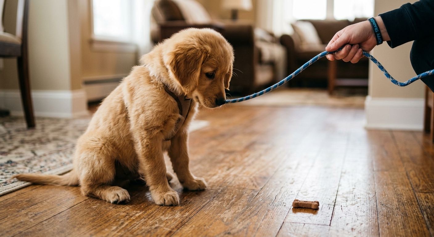 A golden retriever puppy looking at a dropped treat on the floor, resisting the urge to eat it, demonstrating the 'leave it' command.