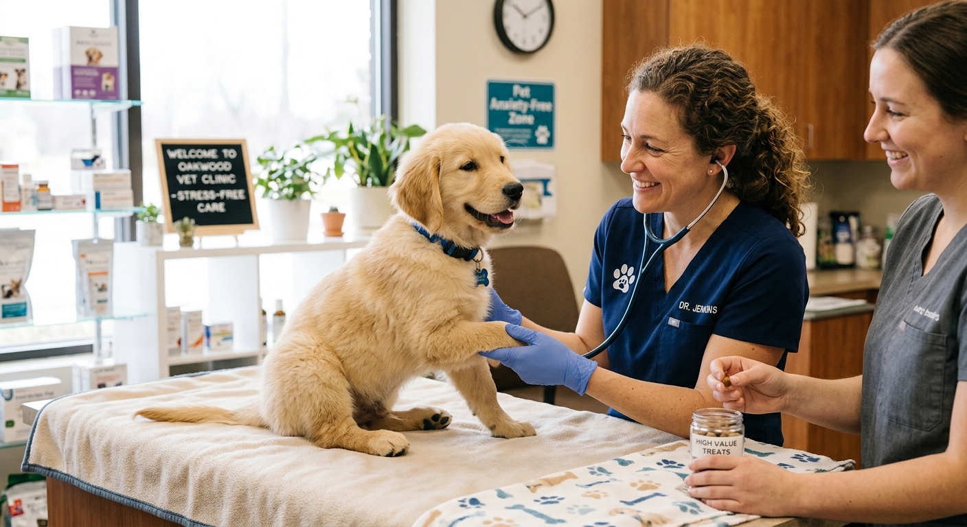 A happy golden retriever puppy comfortably getting its paw examined by a caring owner, symbolizing stress-free puppy handling and vet preparation.