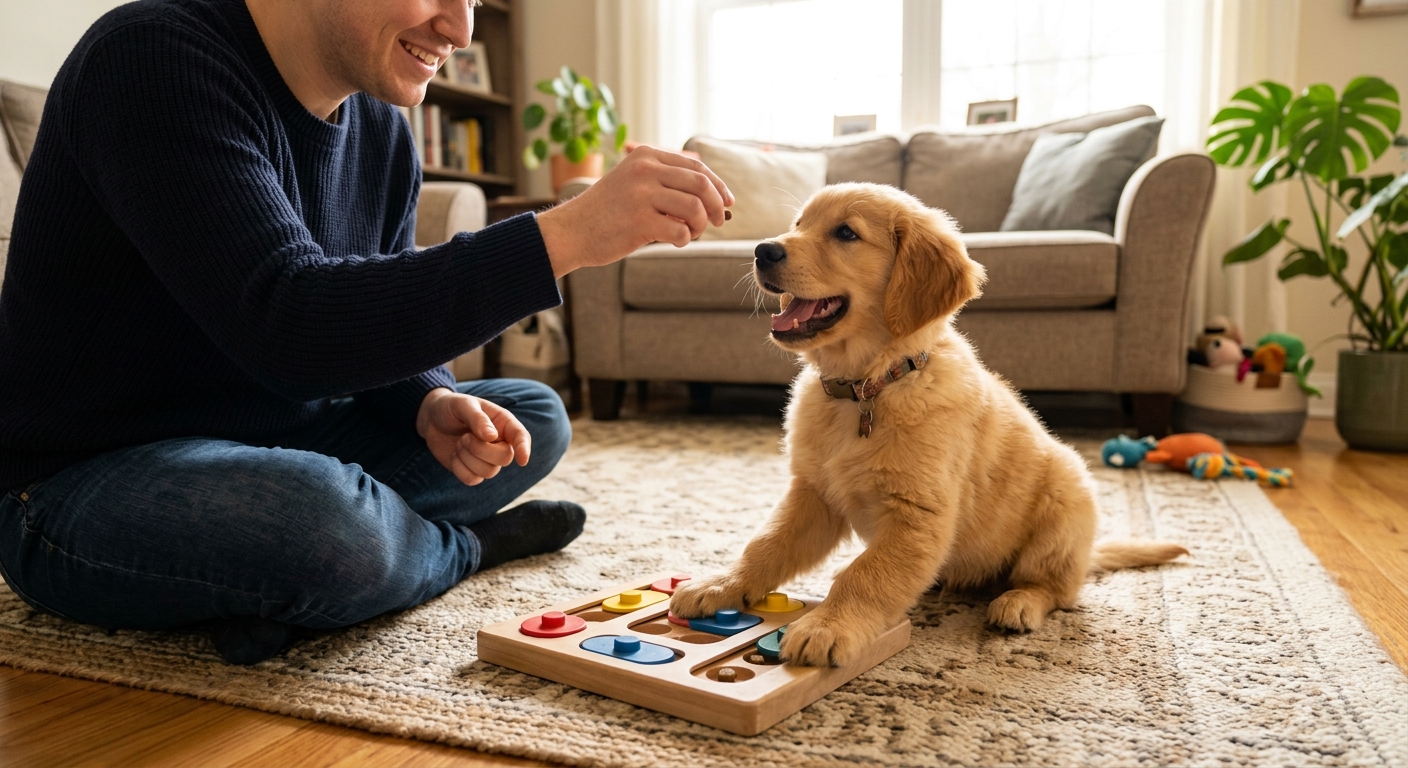 A happy golden retriever puppy looking at an owner's hand, playing a brain game with hidden treats on a living room rug.