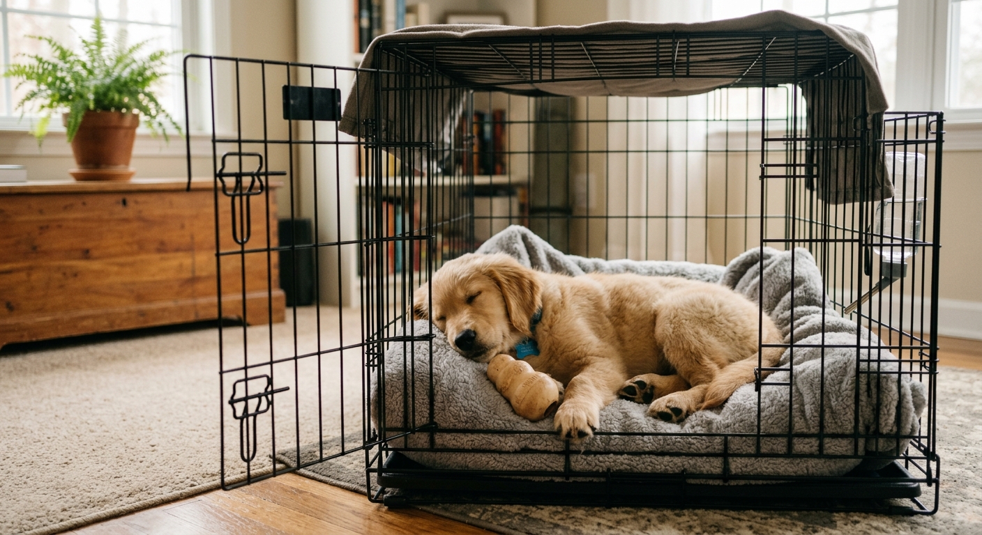 A cute golden retriever puppy sleeping peacefully in a comfortable crate with a chew toy, preventing puppy separation anxiety by fostering independence.