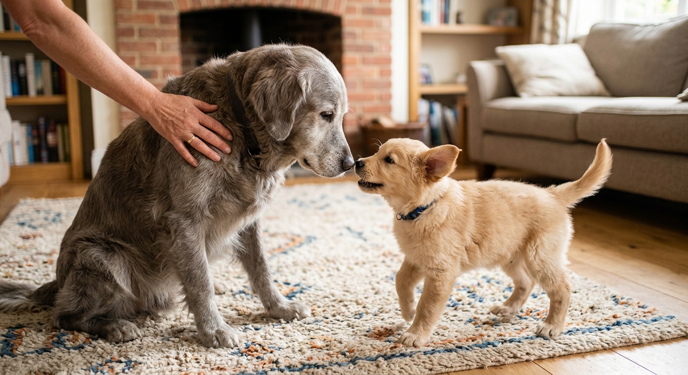 A gentle, older golden retriever calmly meeting a playful small puppy on a soft rug, supervised by a human hand, illustrating a safe introduction.