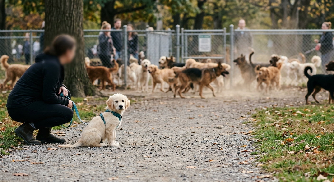 A small, adorable golden retriever puppy looking cautious at a busy dog park from a distance, highlighting the need to avoid dog parks for young puppies under 6 months.