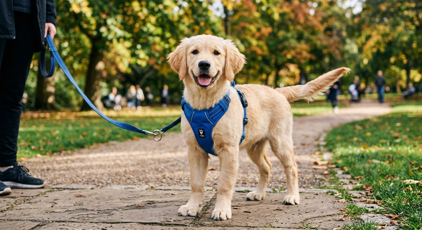 A happy golden retriever puppy wearing a blue Y-front harness, looking confidently at the camera, ready for a hassle-free walk.