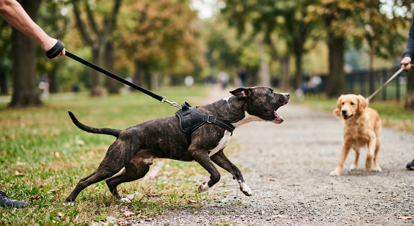 A dog lunging on a leash towards another dog, showing signs of either frustrated greeting or fear aggression, with a blurred outdoor background