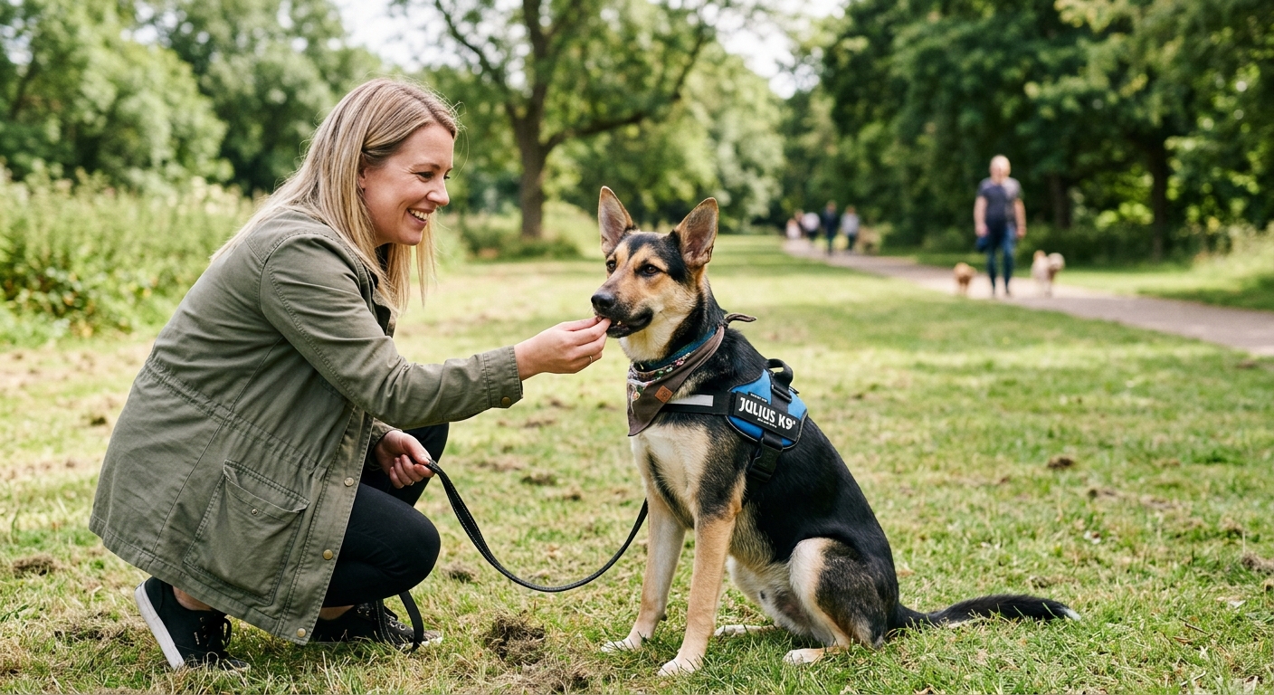 A happy dog looking calmly at a distant trigger, receiving a treat from its owner during 'The Look at That' game, for reactive dog training.