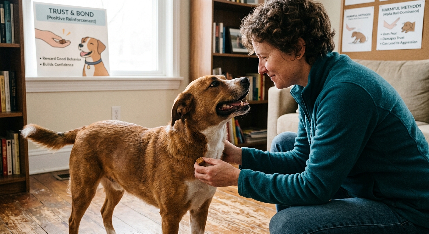 A smiling dog looking up lovingly at its owner, symbolizing trust and a strong bond built through positive reinforcement dog training, contrasted with harmful alpha roll methods.