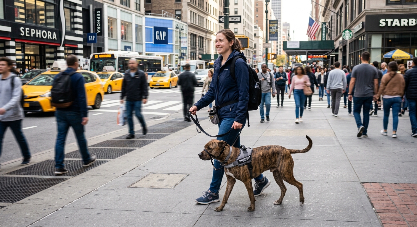 A calm reactive dog walking on a leash with its owner on a bustling city street, showcasing successful urban dog training.