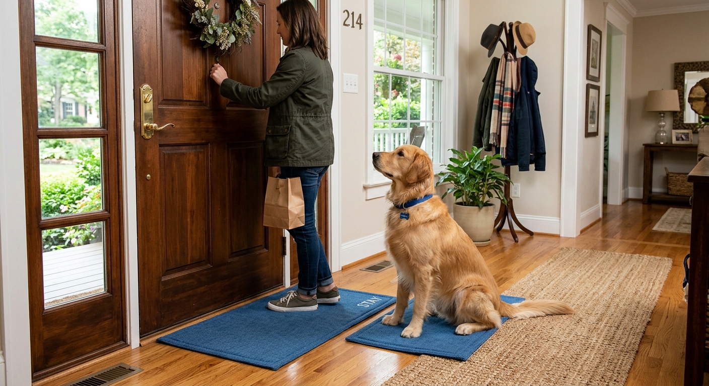 A calm golden retriever dog settling politely on a blue mat near a front door while a person knocks, demonstrating successful doorbell training.