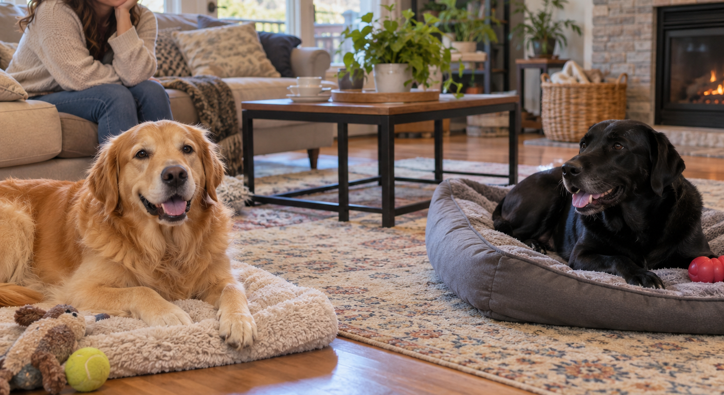 Two dogs, a golden retriever and a black lab, sharing a communal space calmly under supervision, illustrating harmonious multi-dog living despite past resource guarding issues.
