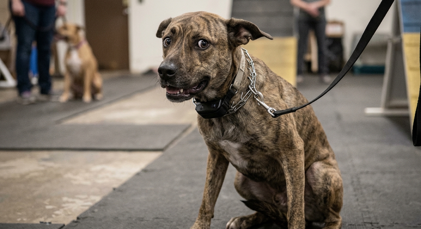 Anxious dog with wide eyes looking nervous, illustrating the negative impact of shock and prong collars on dog anxiety.