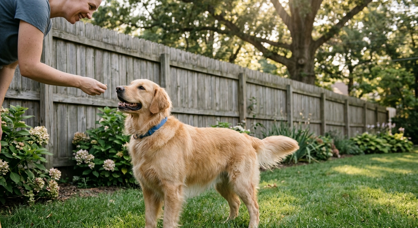 A happy Golden Retriever standing calmly near a backyard fence, looking at its owner, illustrating successful management of barrier frustration through positive training.